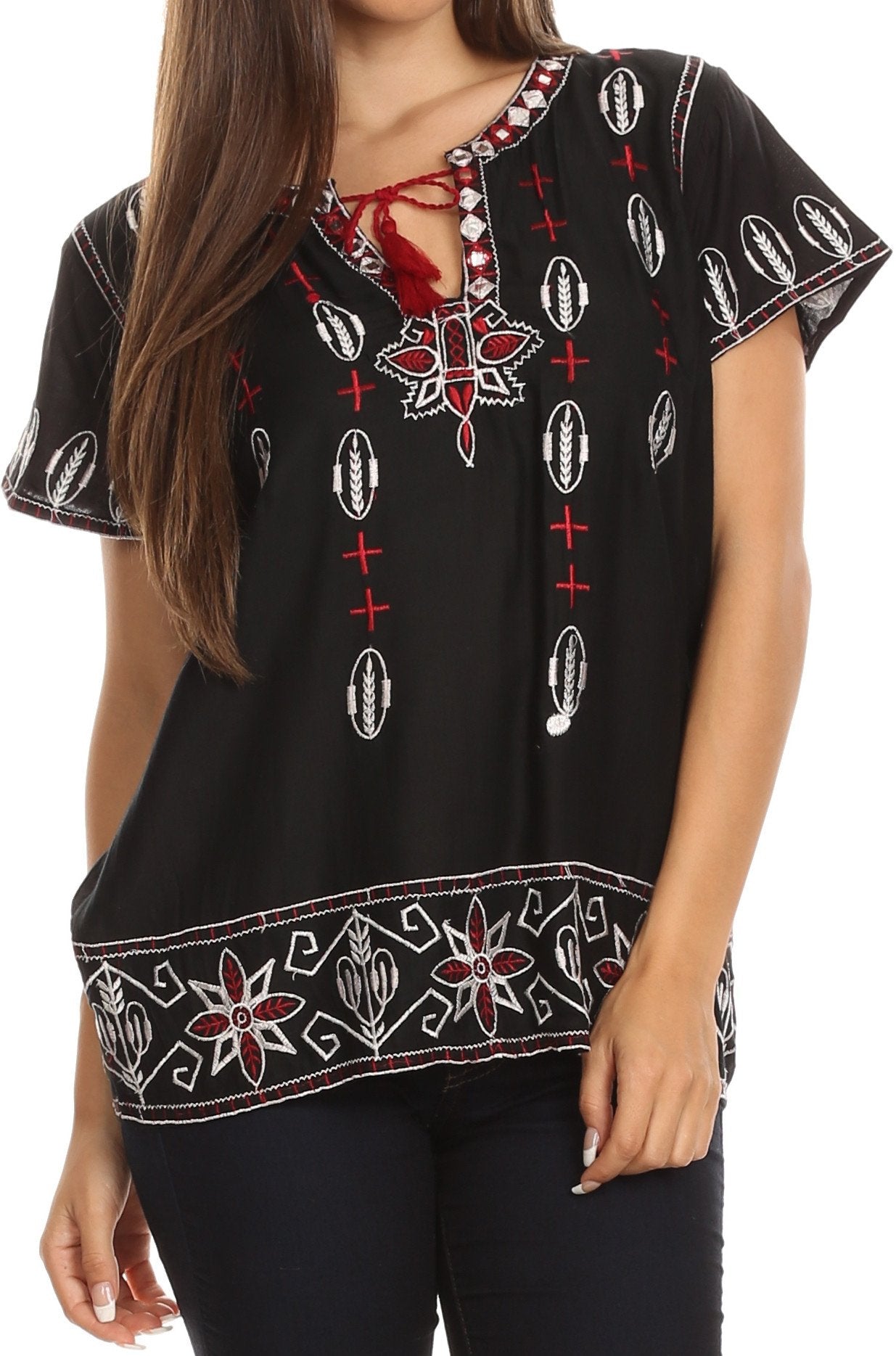 Geometric Embroidered Short Sleeve Tassel Tie Neck Blouse