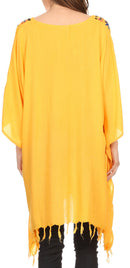 Sakkas Ballary Embroidered Square Poncho Top Open Sleeves Cover Up With Fringe