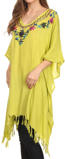 Sakkas Ballary Embroidered Square Poncho Top Open Sleeves Cover Up With Fringe