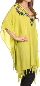 Sakkas Ballary Embroidered Square Poncho Top Open Sleeves Cover Up With Fringe