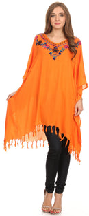 Sakkas Ballary Embroidered Square Poncho Top Open Sleeves Cover Up With Fringe