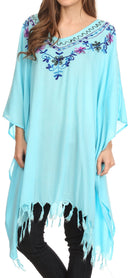 Sakkas Ballary Embroidered Square Poncho Top Open Sleeves Cover Up With Fringe