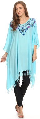 Sakkas Ballary Embroidered Square Poncho Top Open Sleeves Cover Up With Fringe