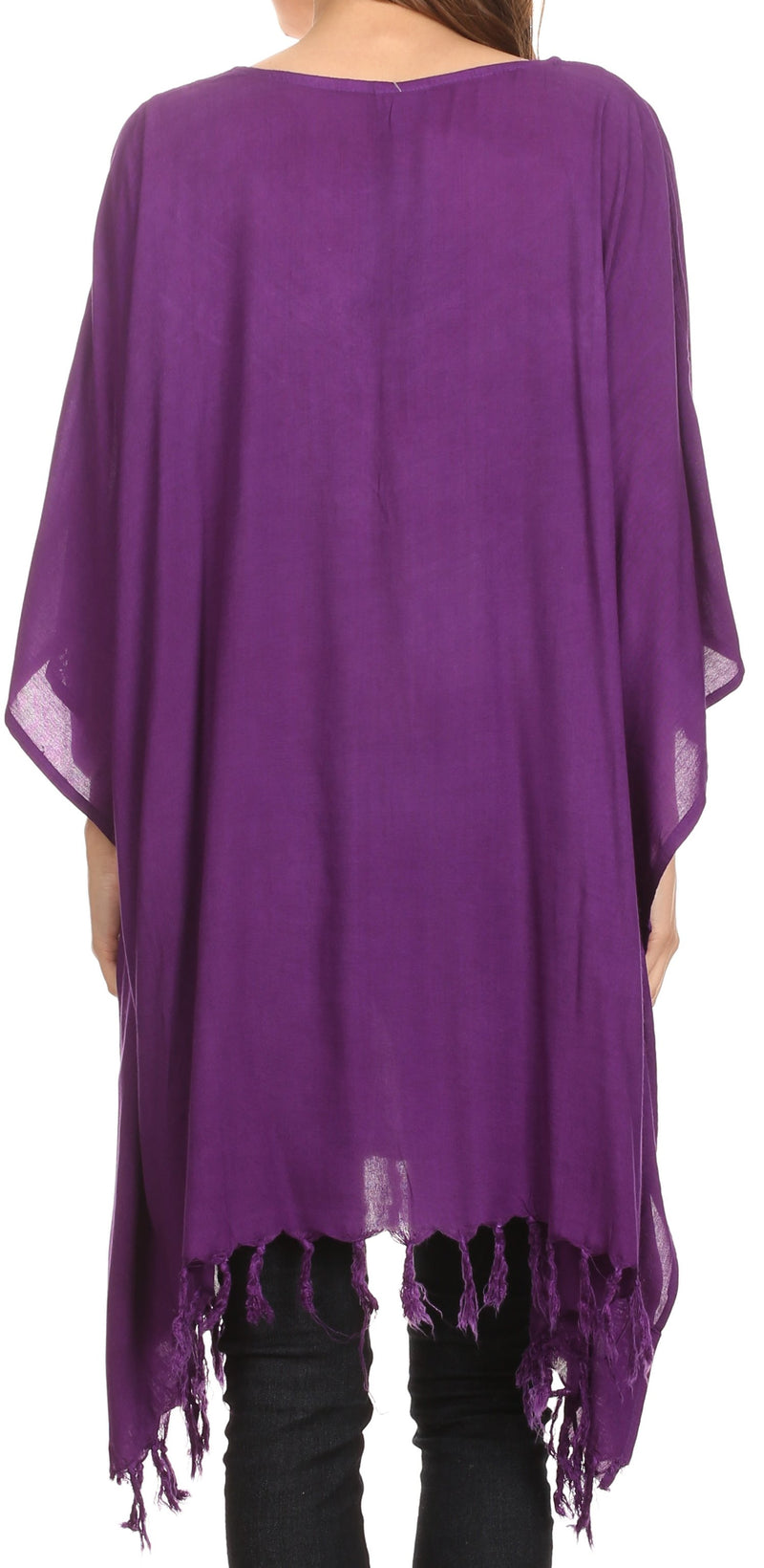 Sakkas  Ballary Embroidered Square Poncho Top Open Sleeves Cover Up With Fringe