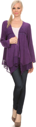 Sakkas Isenia Cardigan Open Front Kimono Long Sleeve Embroidered Top Blouse Lace#color_Purple