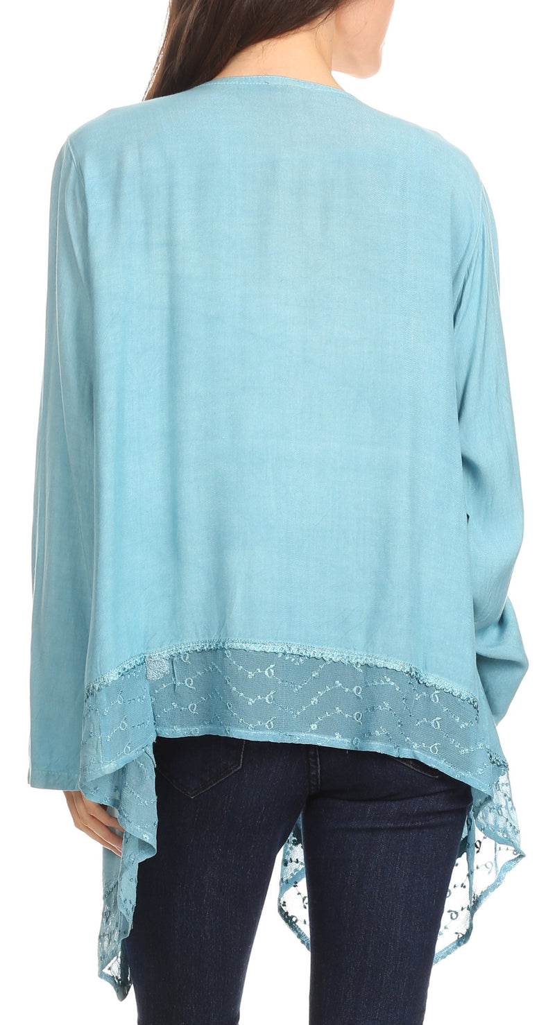 Sakkas Isenia Cardigan Open Front Kimono Long Sleeve Embroidered Top Blouse Lace