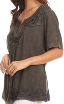 Sakkas Isabeli Leaf Embroidered Blouse Top Shirt With Cap Sleeves And Wide Neck