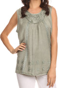Sakkas Jil Wide Tank Top Sleeveless Embroidered Blouse With Embroidery Lace#color_Moss