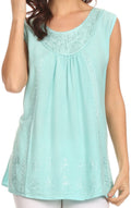 Sakkas Jil Wide Tank Top Sleeveless Embroidered Blouse With Embroidery Lace#color_Turquoise