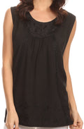 Sakkas Jil Wide Tank Top Sleeveless Embroidered Blouse With Embroidery Lace#color_Black