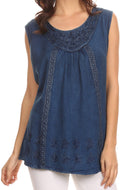 Sakkas Jil Wide Tank Top Sleeveless Embroidered Blouse With Embroidery Lace#color_DenimBlue