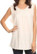 Sakkas Jil Wide Tank Top Sleeveless Embroidered Blouse With Embroidery Lace#color_Ivory