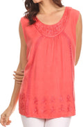 Sakkas Jil Wide Tank Top Sleeveless Embroidered Blouse With Embroidery Lace#color_Melon