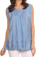 Sakkas Jil Wide Tank Top Sleeveless Embroidered Blouse With Embroidery Lace#color_SkyBlue