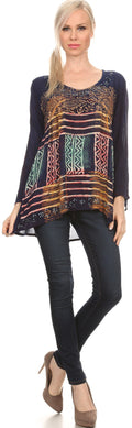 Sakkas Franchesca Sequine Embroidered Aztec Print Long Sleeve Blouse Shirt Top#color_Blue
