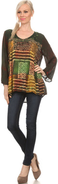 Sakkas Franchesca Sequine Embroidered Aztec Print Long Sleeve Blouse Shirt Top#color_Green