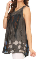 Sakkas Laura V Neck Sleeveless soft crinkled Stonewash Top Blouse with Embroidery