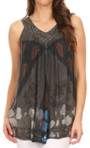 Sakkas Laura V Neck Sleeveless soft crinkled Stonewash Top Blouse with Embroidery