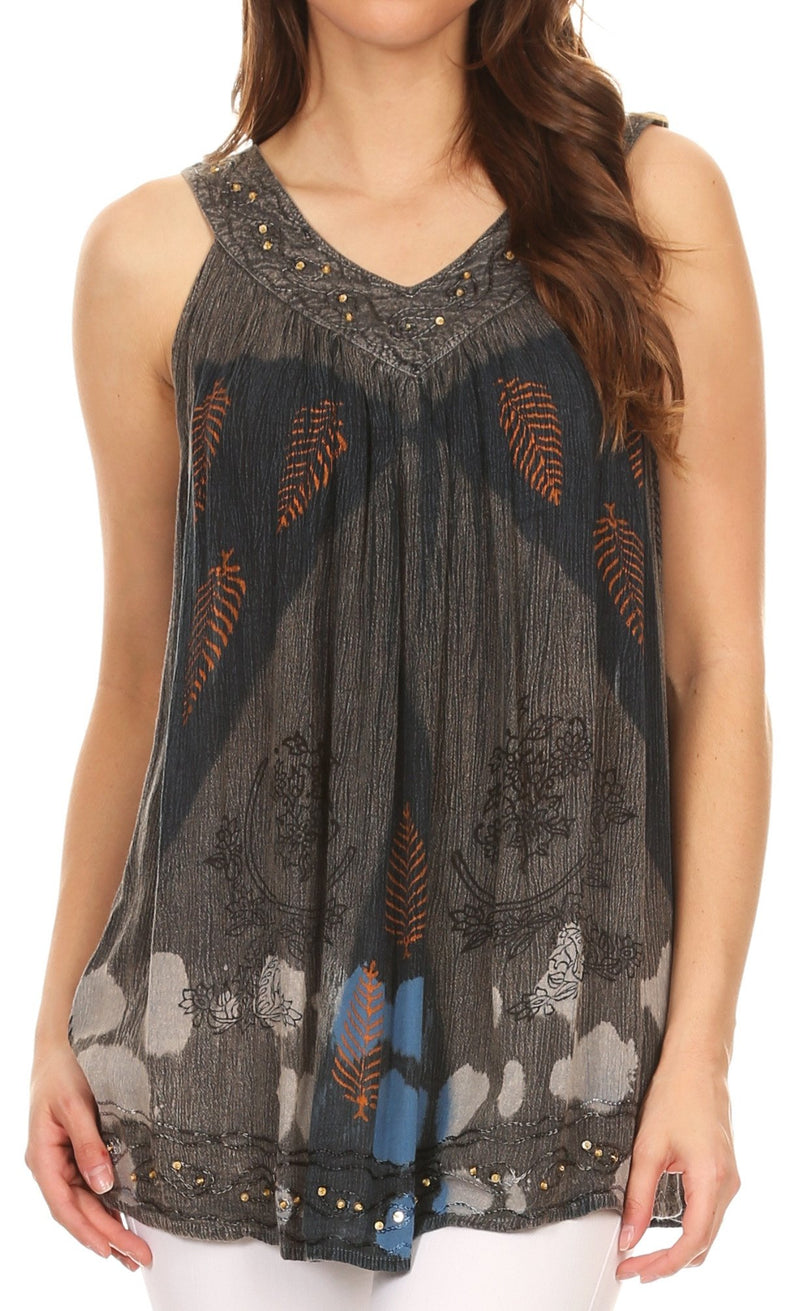 Sakkas Laura V Neck Sleeveless soft crinkled Stonewash Top Blouse with Embroidery