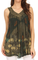 Sakkas Laura V Neck Sleeveless soft crinkled Stonewash Top Blouse with Embroidery