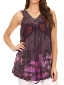 Sakkas Laura V Neck Sleeveless soft crinkled Stonewash Top Blouse with Embroidery