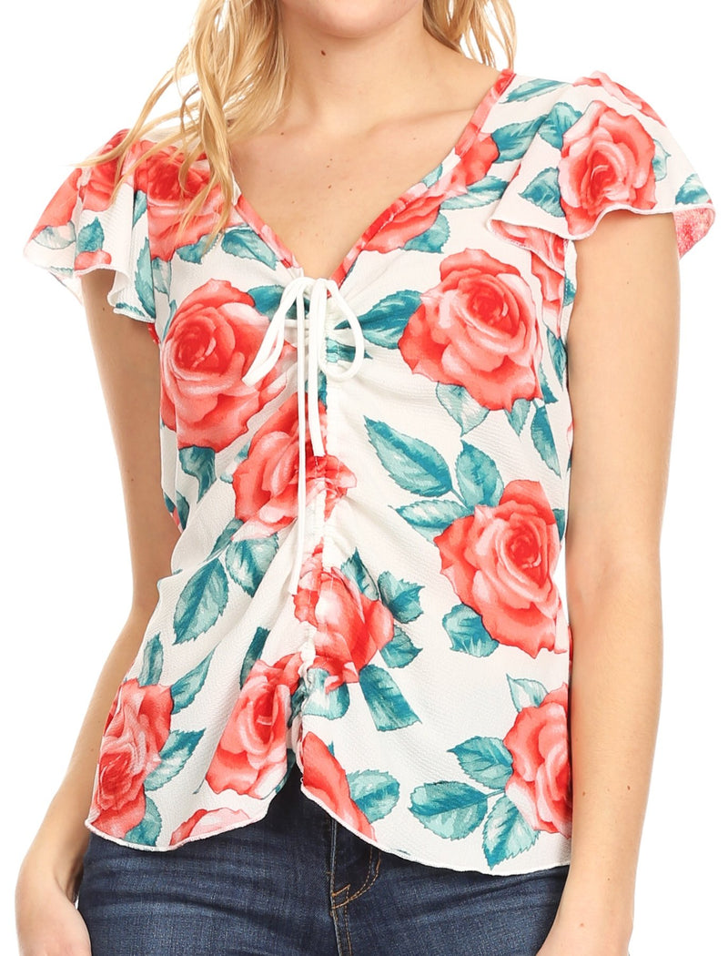 Sakkas Ain Womens Short Sleeve V neck Floral Print Blouse Top Shirt with Ties