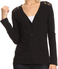Sakkas Kaiy Tall Long Sleeve Crochet Lace Open Back Button Up Cardigan Top V Neck#color_Black