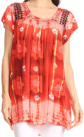Sakkas Short Sleeve Tie Dye Gingham Peasant Top with Sequin Embroidery#color_Coral