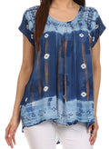 Sakkas Short Sleeve Tie Dye Gingham Peasant Top with Sequin Embroidery#color_DarkBlue