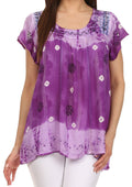 Sakkas Short Sleeve Tie Dye Gingham Peasant Top with Sequin Embroidery#color_Purple