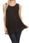 Sakkas Thorn Tropical Sleeveless Sequin Blouse Tank Top With Detailed Embroidery#color_Black