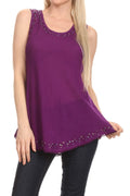Sakkas Thorn Tropical Sleeveless Sequin Blouse Tank Top With Detailed Embroidery#color_Purple