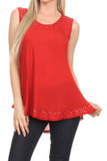 Sakkas Thorn Tropical Sleeveless Sequin Blouse Tank Top With Detailed Embroidery#color_Red