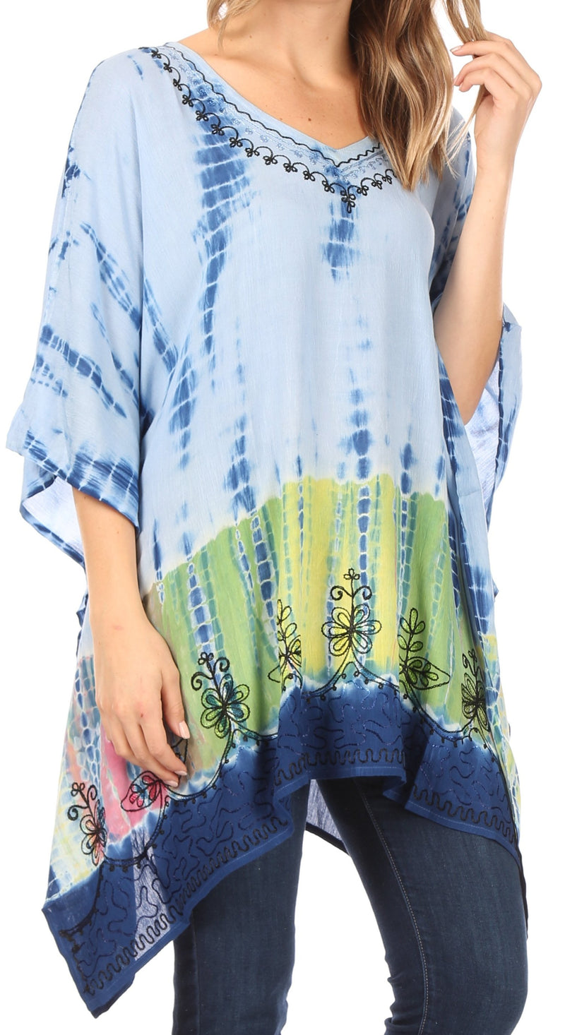 Sakkas Eliana Wide Long Tall Embroidered Tie Dye Ombre Batik Poncho Top Blouse