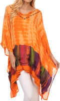 Sakkas Eliana Wide Long Tall Embroidered Tie Dye Ombre Batik Poncho Top Blouse#color_Orange