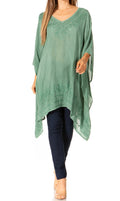 Sakkas Wren Lightweight Circle Poncho Top Blouse With Detailed Embroidery#color_A-Seafoam