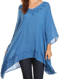 Sakkas Wren Lightweight Circle Poncho Top Blouse With Detailed Embroidery#color_Blue