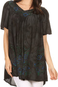Sakkas Kyla Relaxed Fit Floral Sequin Embroidered V-neck Cap Sleeve Blouse / Top#color_Black