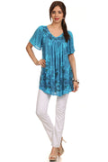Sakkas Kyla Relaxed Fit Floral Sequin Embroidered V-neck Cap Sleeve Blouse / Top#color_Blue