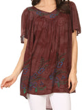 Sakkas Kyla Relaxed Fit Floral Sequin Embroidered V-neck Cap Sleeve Blouse / Top#color_Brown