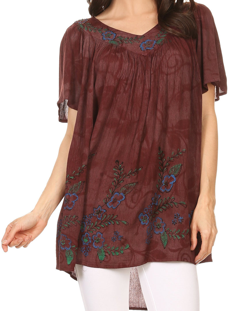 Sakkas Kyla Relaxed Fit Floral Sequin Embroidered V-neck Cap Sleeve Blouse / Top