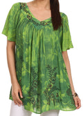 Sakkas Kyla Relaxed Fit Floral Sequin Embroidered V-neck Cap Sleeve Blouse / Top#color_Green