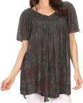 Sakkas Kyla Relaxed Fit Floral Sequin Embroidered V-neck Cap Sleeve Blouse / Top#color_Grey