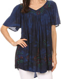 Sakkas Kyla Relaxed Fit Floral Sequin Embroidered V-neck Cap Sleeve Blouse / Top#color_Navy