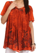 Sakkas Kyla Relaxed Fit Floral Sequin Embroidered V-neck Cap Sleeve Blouse / Top#color_Orange