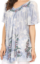 Sakkas Kyla Relaxed Fit Floral Sequin Embroidered V-neck Cap Sleeve Blouse / Top