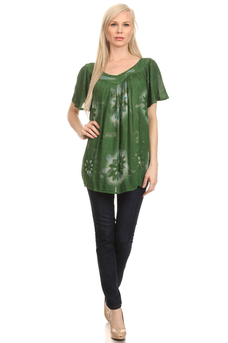 Sakkas Poppy Floral Hand Dyed Dye Pattern Top Blouse With Beaded Sequin V Neck
