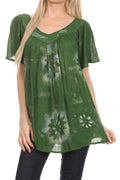 Sakkas Poppy Floral Hand Dyed Dye Pattern Top Blouse With Beaded Sequin V Neck#color_ForestGreen