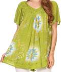 Sakkas Poppy Floral Hand Dyed Dye Pattern Top Blouse With Beaded Sequin V Neck#color_Green
