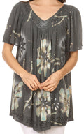 Sakkas Poppy Floral Hand Dyed Dye Pattern Top Blouse With Beaded Sequin V Neck#color_Grey